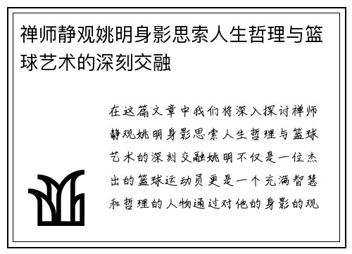 禅师静观姚明身影思索人生哲理与篮球艺术的深刻交融